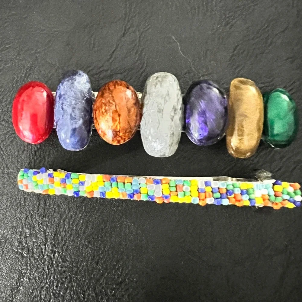 Vintage Multi Color Cabochon & Seed Bead Hair Barrette Clip Set 3 Inch Eclectic